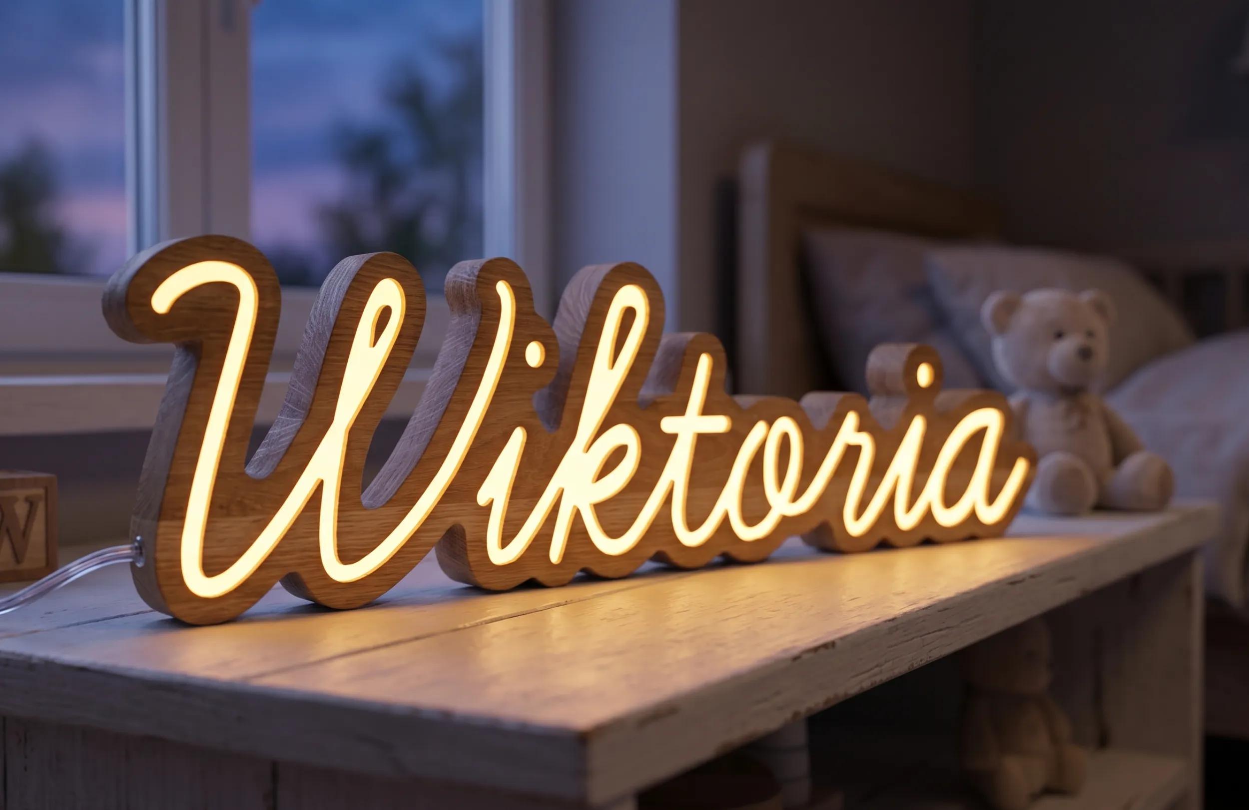 Dębowe podświetlane imię dziecka LED
